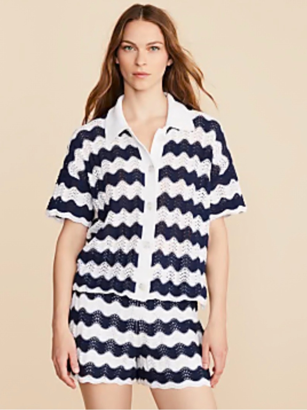 Lou & Grey TWO Piece Cotton Blend Top and Short Set in Navy & White Wavy Stripe
